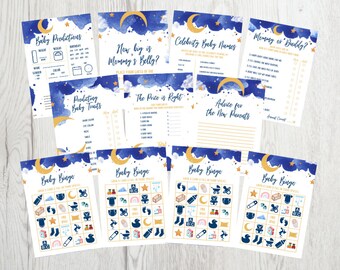 9 GAMES BUNDLE Activity Pack Space Star Girl Decor Celestial Over the Moon Instant Download CEL0P Editable Template Baby Shower