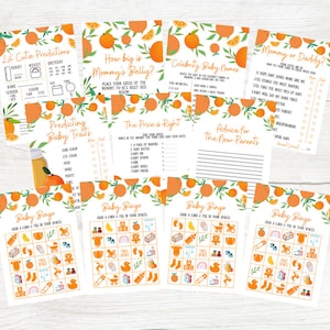 Cutie Baby Shower Printable Games | 7 Digital Download Orange Baby Shower Games | Cutie Baby Bingo for Baby Showers | Cute Baby Shower Games