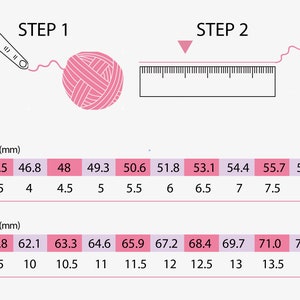 Puede incluir: Un gr&aacute;fico que muestra c&oacute;mo medir el hilo para determinar el tama&ntilde;o de aguja de tejer adecuado. El gr&aacute;fico incluye una regla y una tabla con medidas en mil&iacute;metros y los tama&ntilde;os de aguja correspondientes.