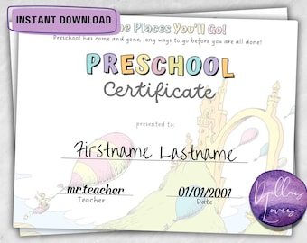 ¡Oh, los lugares a los que irás! / Dr. Seuss / Certificado de graduación preescolar / Arte de libros / Ahorro de tinta / Descarga digital