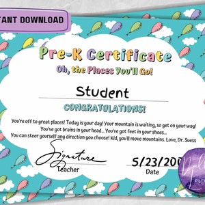 Oh the Places You'll go / Dr. Seuss / Pre-K Zertifikat für die Graduierung / Wolken-Thema / Digitaler Download