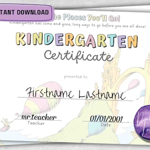 Oh the Places You'll go / Dr. Seuss / Kindergarten Urkunde zum Schulabschluss / Graduierung / Buchkunst / Ink Saver / Digitaler Download