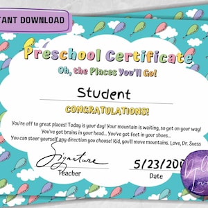Oh the Places You’ll go / Dr. Seuss / Preschool Certificate for Graduation / Cloud Theme / Digital Download