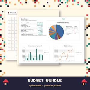Budgetkalkylblad och utskrivbar budgetplanerare, Google Sheets och Excel, oregelbunden inkomst för frilansare, skatteavsättning, buffert