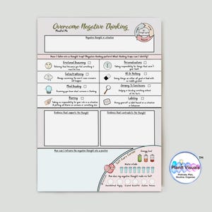 May include: A worksheet in white and pink, titled "Overcome Negative Thinking", designed to help identify and reframe negative thoughts. Features a self-care corner with water intake and energy level trackers.