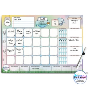 May include: A white dry-erase board with a rainbow gradient background. The board is divided into a weekly calendar with spaces for each day of the week. There are also sections for meal planning, chore lists, and appointments. The board has a cute bee illustration and the text "Smith Family Planner".