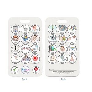 May include: A white communication board with two sides. The front side has 18 round buttons with images and text. The back side has 15 round buttons with images and text. The text on the front side includes: Home, Toilet, Too Hot, Coffee, Food Shop, Sleep, Information, Ear Loops, Snack & Drink, Exercise, Hug, Pain, Yes, No. The text on the back side includes: Walk, Please, More, Quiet Space, Food, Help, Leave, Too Bright, Bath, Bag, Phone, Thank You. The text at the bottom of the board says: Planit Visuals. All Rights Reserved. www.planitvisuals.com