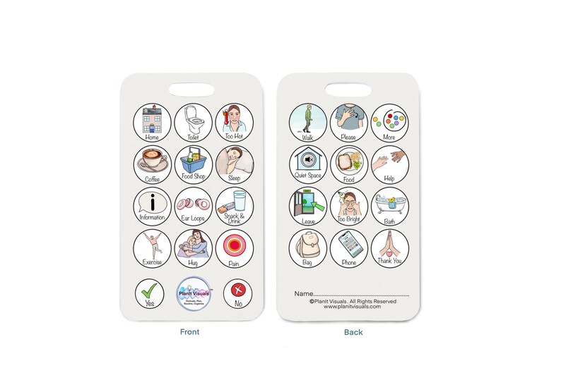 May include: A white communication board with two sides. The front side has 18 round buttons with images and text. The back side has 15 round buttons with images and text. The text on the front side includes: Home, Toilet, Too Hot, Coffee, Food Shop, Sleep, Information, Ear Loops, Snack & Drink, Exercise, Hug, Pain, Yes, No. The text on the back side includes: Walk, Please, More, Quiet Space, Food, Help, Leave, Too Bright, Bath, Bag, Phone, Thank You. The text at the bottom of the board says: Planit Visuals. All Rights Reserved. www.planitvisuals.com