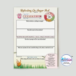 May include: A notepad titled "Reflecting On Anger Pad" with prompts to explore anger. It features an anger scale, an anger cycle graphic, and a list of possible triggers. The notepad has a cartoon character and the text "Planit Visuals".