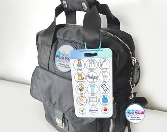May include: A white card with colorful icons and text that says "Hospital Patient Communication Card" is attached to a black backpack with a zipper. The card has icons for "I need", "Doctor", "Shower", "Medication", "Bed", "Toilet", "Food", "Water", "Call", "Sleep", "TV", "Family", "Yes", and "No". The backpack has a blue and purple logo that says "Planit Visuals: Motivate, Plan, Routine, Organize".