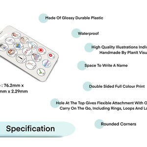 May include: A white communication card with colorful illustrations of various activities. The card is made of glossy, durable plastic and is waterproof. It has a hole at the top for attaching a lanyard or ring. The card measures 3 inches by 5.5 inches and has rounded corners. "Specification" is printed at the bottom of the card.