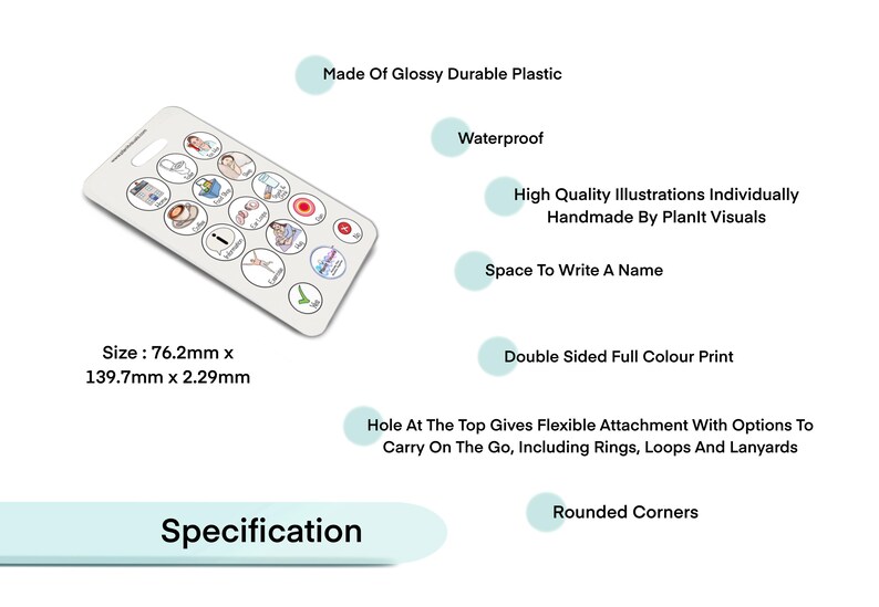 May include: A white communication card with colorful illustrations of various activities. The card is made of glossy, durable plastic and is waterproof. It has a hole at the top for attaching a lanyard or ring. The card measures 3 inches by 5.5 inches and has rounded corners. "Specification" is printed at the bottom of the card.
