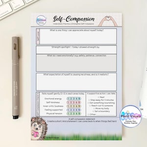 May include: A self-compassion worksheet with prompts for self-reflection. The worksheet includes sections for self-love, strength, emotional needs, and stress assessment. A pen and a keyboard are in the background.