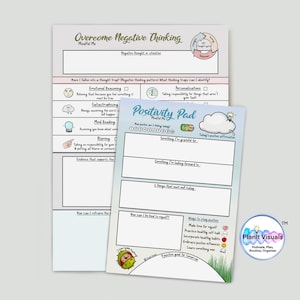 May include: Two white paper pads with text and illustrations. One pad is titled "Overcome Negative Thinking" and the other is "Positivity Pad". The pads have sections for writing and prompts for self-reflection and goal setting. The "Positivity Pad" has a cloud illustration.