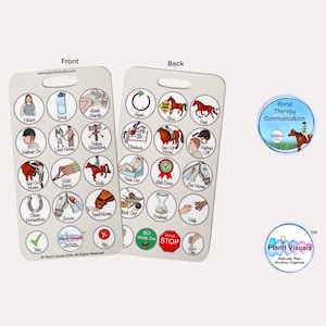 May include: Two white communication boards with illustrations and text for horse therapy. The front board has icons for "Drink", "Wash Hands", and "Lead Horse". The back board has icons for "Get Off Horse", "Helmet Off", and "Feed Horse". A circular logo reads "Horse Therapy Communication".
