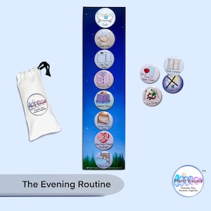 May include: A blue and white poster with the text "The Evening Routine" at the bottom. The poster has a series of colourful circles with images and text depicting a bedtime routine. The circles are arranged vertically from top to bottom. The circles include images of a bathtub, a person brushing their hair, a roll of toilet paper, a person in pyjamas, a book, a person brushing their teeth, a heart, and a person sleeping. The text in the circles includes the words "Bath", "Brush Hair", "Use the Toilet", "PJs are On", "Read a Story", "Brush Teeth Good", "Say Hugs & Kisses Goodbye", and "Time to Sleep". There are also several smaller circles with images and text depicting other bedtime activities. The smaller circles include images of a glass of water, a closed curtain, a light bulb with an X over it, and a plate of food. The text in the smaller circles includes the words "Get a Drink of Water/Snack", "Close Curtains", "Lights Out", and "Eat Dinner".