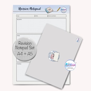 May include: A Revision Notepad Set in A4 and A5 sizes. The set features a notepad with a grid layout, a button with the text "Revision Notepad Set A4 + A5", and a blank notepad. The design includes the text "Revision Notepad" at the top.