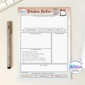 May include: A notepad with the title "Solution Seeker", designed for problem-solving, with sections for assessing the problem and planning solutions. A pen lies next to the notepad. The notepad is in a pink and white design.