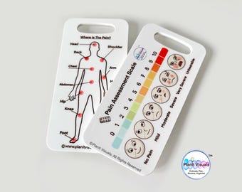 May include: Two white plastic cards with a pain assessment scale. The first card shows a stick figure with red dots on different body parts. The second card has a pain scale from 0 to 10 with corresponding facial expressions. The text on the cards reads "Where is the Pain?" and "Pain Assessment Scale".
