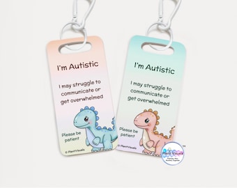 I am Autistic Support Keyring - SEN ID Tag - ASD Communication Tag - Dinosaur Keychain - Autism Awareness Card for Lanyard