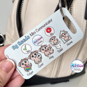 May include: A white card with the words "My Needs Mini Communicator" printed on it. The card has pictures of dogs with different needs, such as "Yes", "No", "Fidget", "Quiet", "Hug", "Toilet", and "Home".