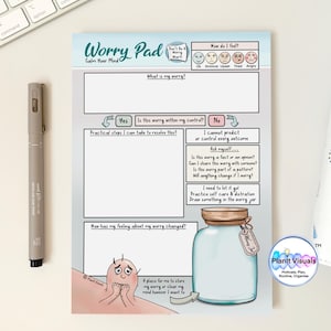 May include: A notepad titled "Worry Pad" with a pen, designed for anxiety management. It includes prompts for identifying worries, assessing control, and finding solutions. The pad features a jar illustration and the text "Calm Your Mind."