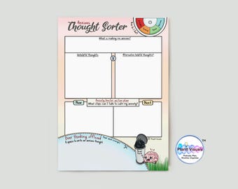 Könnte beinhalten: Ein Arbeitsblatt "Anxious Thought Sorter" mit Abschnitten zur Identifizierung von Gedanken und zur Erstellung eines Aktionsplans. Das Design umfasst ein Farbrad, einen Mülleimer und eine Gehirnillustration. Der Text enthält "What is making me anxious?" und "Overthinking offload."