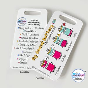 May include: Two white rectangular cards with rounded corners. One card displays "Ways To Recharge My Social Battery" with bullet points. The other card shows a "My Social Battery Mini Communicator" with battery level indicators and cartoon batteries.