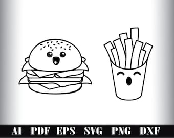 Burgers and Fries - Fast Food digital Files, Silhouette SVG Files, kawaii fast food SVG, Fastfood cricut, Cut Files - Ai.Svg.Dxf.Png.Eps.Pdf