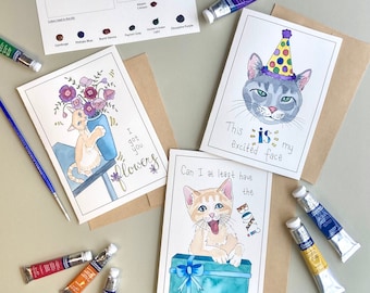 Watercolor Painting Kit, Cat Greeting Cards, Watercolor DIY, Art Kit, Learn to Paint, Cat Lover, Beginner Skill, Indoor Activity