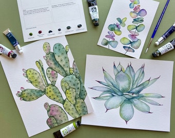 Watercolor Painting Kit, Jewel-Toned Botanicals, Beginner Skill, Intermediate Skill, Watercolor DIY, Learn to Paint, Plant Art