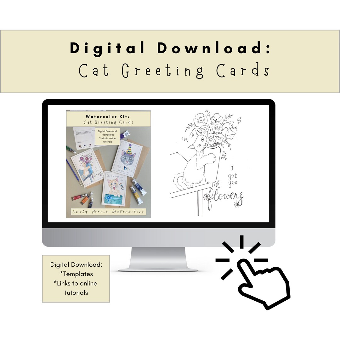 Digital Download of Cat Greeting Cards Watercolor Kit (printable and ...
