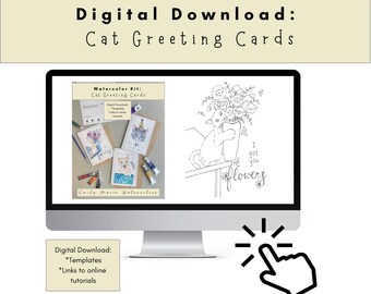 Digital Download of Cat Greeting Cards Watercolor Kit (Printable and Traceable Templates and Online Tutorials)