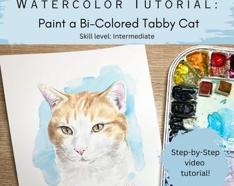Digital Download: Intermediate Watercolor Tutorial, Tabby Cat (Traceable Template and Online Tutorial)