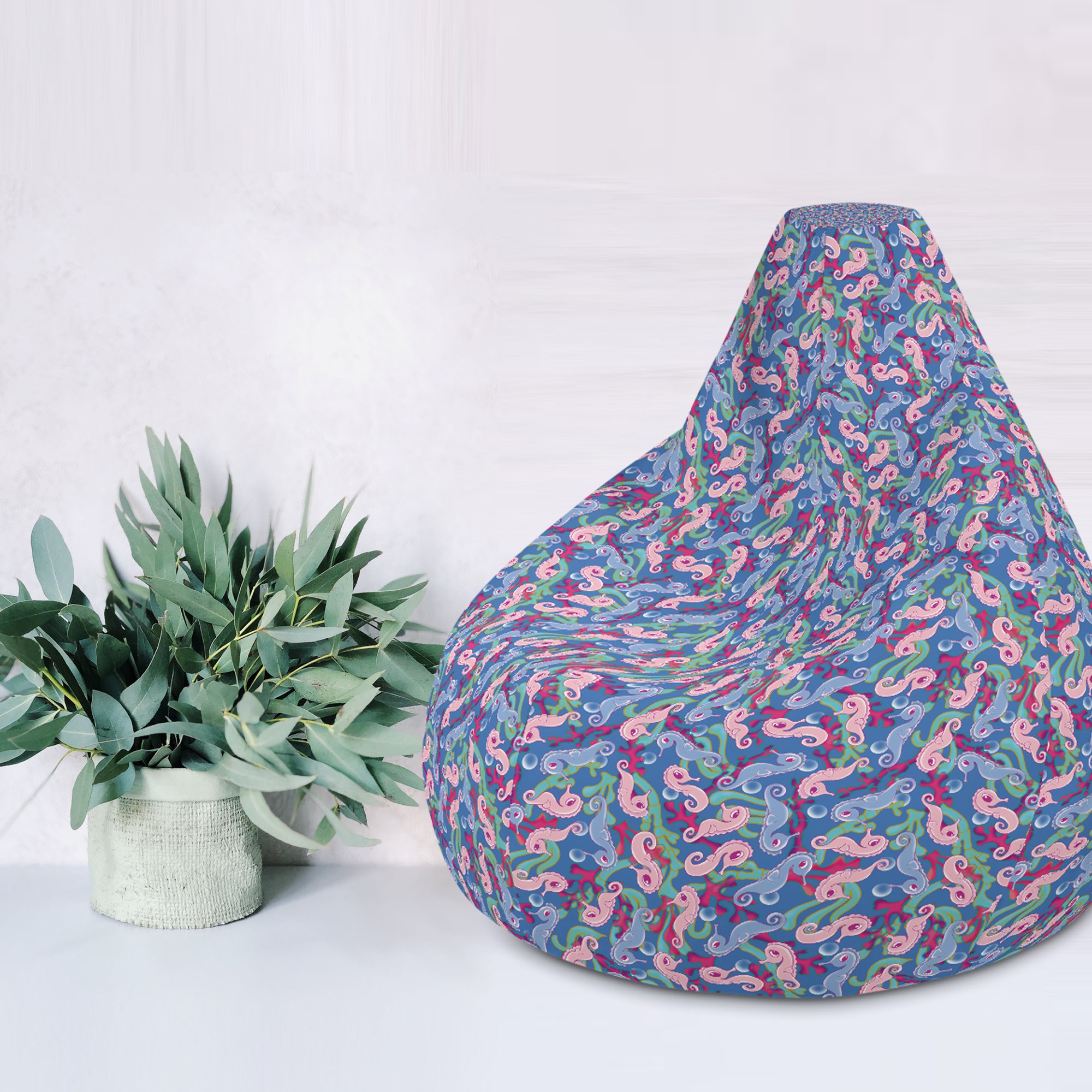 Housse de Pouf Xl, Sac Haricot, Coussin Grande Taille, Imprimé Petits Hippocampes Roses Bleus, Enfan