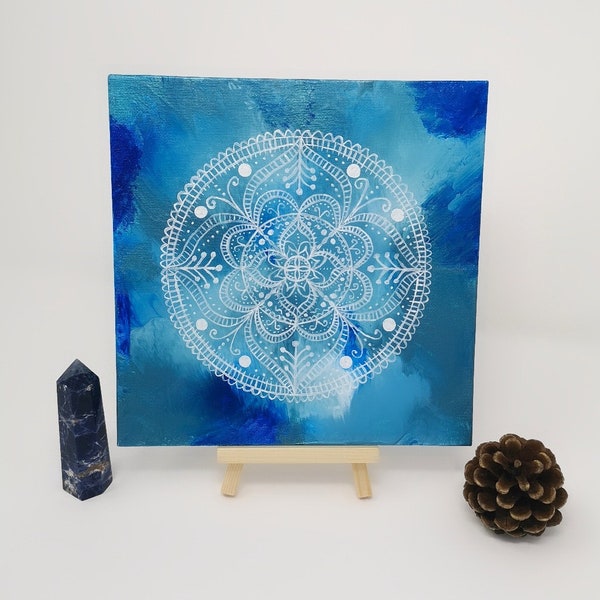 Blue celestial hand painted mandala artwork / painting, spiritual gift, 20cm x 20cm canvas board with free display easel