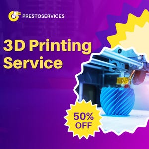 May include: A promotional image for 3D printing services. The text "3D Printing Service" is in large yellow letters. A blue, spiral-patterned object is being printed. A yellow burst graphic displays "50% OFF". The background is purple.