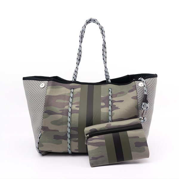 Green Camo with Green & Black Stripe Handbag, Neoprene Tote with Small Detachable Zip Pouch, Minimalist Tote Bag Gift for Her