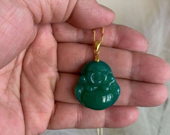 Beautiful emerald green Jade Buddha pendant 18K Gold plated necklace Real Jade Money Good Luck Protection Sense-of-wellbeing Gift for her