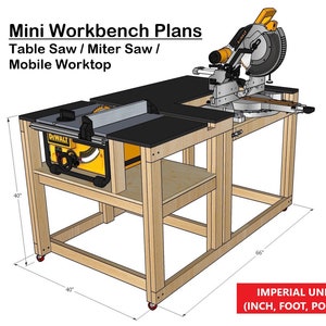 Compact Mobile Workbench Plans for Miter / Table Saw - Instant PDF Download - Imperial Units