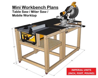 Compact Mobile Workbench Plans for Miter / Table Saw - Instant PDF Download - Imperial Units