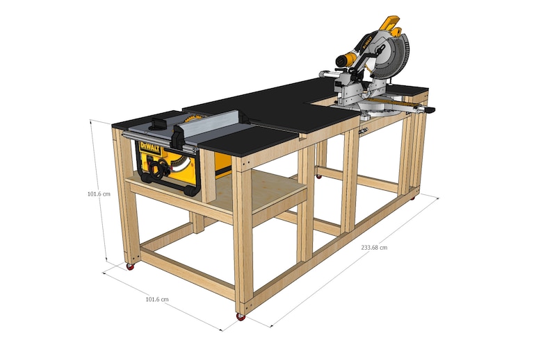 Pu&ograve; includere: Un tavolo in legno con un piano nero, progettato per ospitare una sega da banco e una sega a smusso. Il tavolo misura 212,3 cm di lunghezza, 101,6 cm di larghezza e 101,6 cm di altezza. La sega da banco &egrave; del marchio DeWalt e la sega a smusso &egrave; un marchio generico.