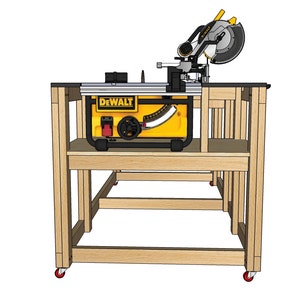 Pu&ograve; includere: Un supporto per sega da tavolo in legno con una sega da tavolo DeWalt nera e gialla in cima. Il supporto ha quattro gambe ed &egrave; su ruote. La sega da tavolo ha un proteggi lama nero e una base gialla.