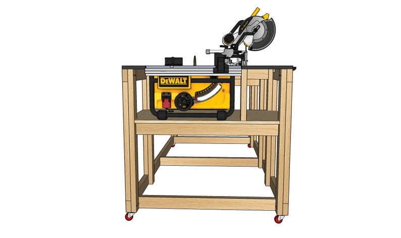 Pu&ograve; includere: Un supporto per sega da tavolo in legno con una sega da tavolo DeWalt nera e gialla in cima. Il supporto ha quattro gambe ed &egrave; su ruote. La sega da tavolo ha un proteggi lama nero e una base gialla.
