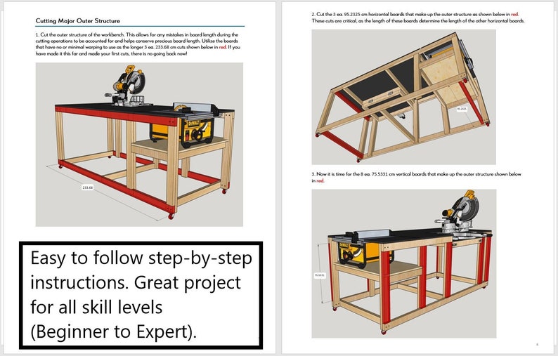 Pu&ograve; includere: Diagramma che mostra come costruire un supporto per sega da tavolo. Il supporto &egrave; in legno e ha una sega da tavolo gialla in cima. Il diagramma mostra i passaggi per tagliare il legno e assemblare il supporto. Il testo in rosso dice "Cutting Major Outer Structure".