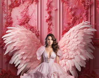 Alas de ángel rosa en un telón de fondo de palacio rosa, telón de fondo de sesión de fotos, superposiciones, telón de fondo de estudio para fotógrafos, fondos de boda y maternidad