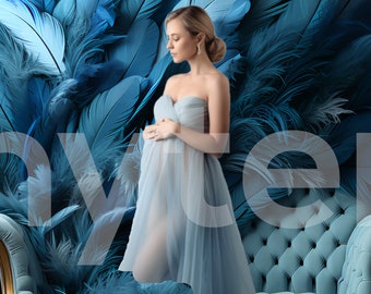 Blue Feathers in a Mansion Digital Backdrop, Overlays, Studio Backdrops, Wedding & Maternity Backdrops