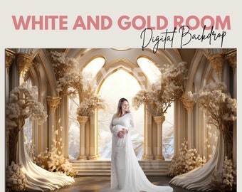 Cenário digital de sala de inverno opulento branco e dourado, cenário de sessão de fotos, sobreposições, cenário de estúdio para cenários de casamento e maternidade