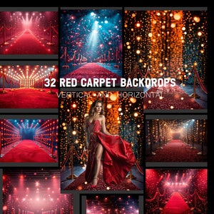 May include: A collection of images displaying red carpet backdrops. The backdrops feature red carpets, velvet ropes, and spotlights. The text "32 RED CARPET BACKDROPS VERTICAL AND HORIZONTAL" is visible. Ideal for event photography and design.
