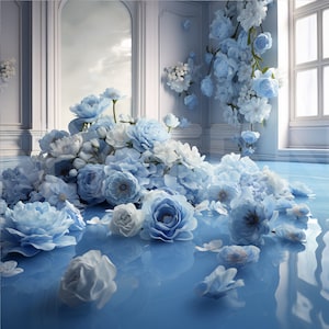 Blue Floral Room Digital Backdrop , Overlays, Photo Backgrounds for Photography, Wedding & Maternity Backdrops